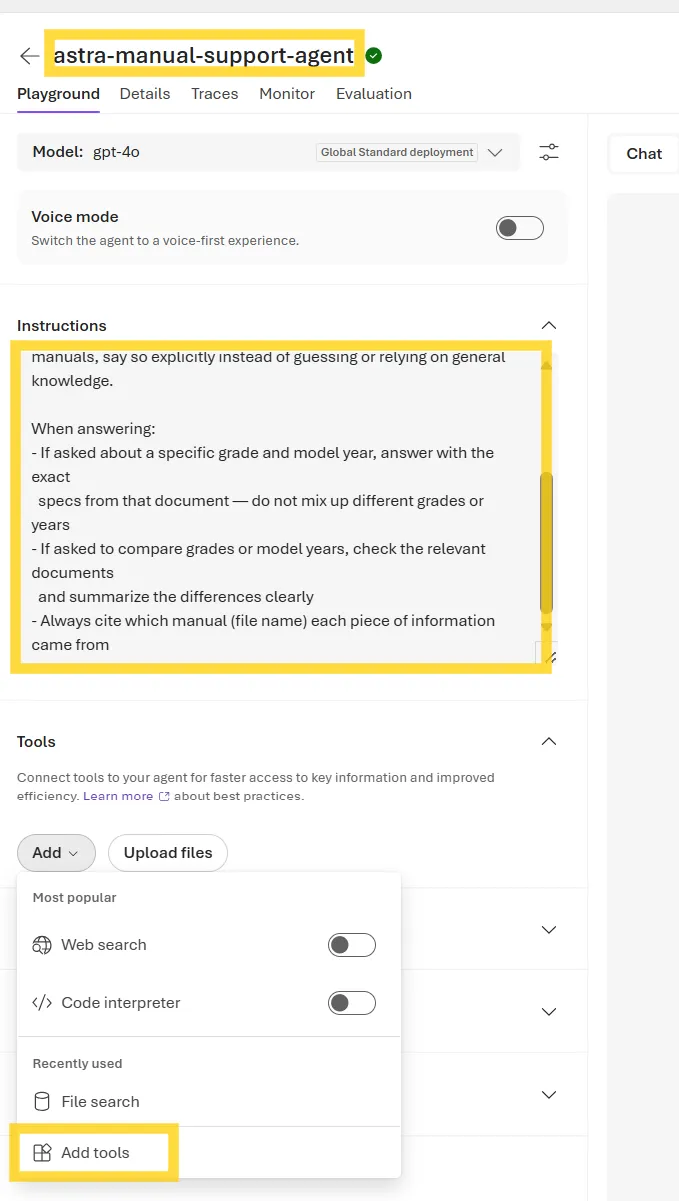 Agentの編集画面。InstructionsとTools内のAddドロップダウン(File search、Add tools)がハイライトされている