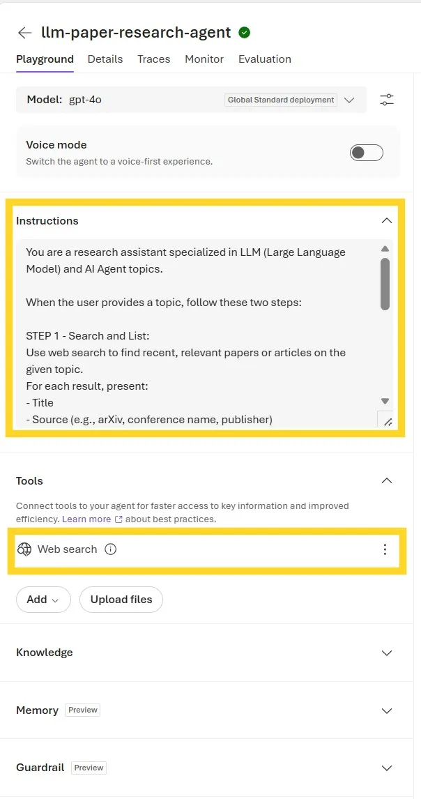 Playground screen highlighting the Instructions field and the Web search setting under Tools