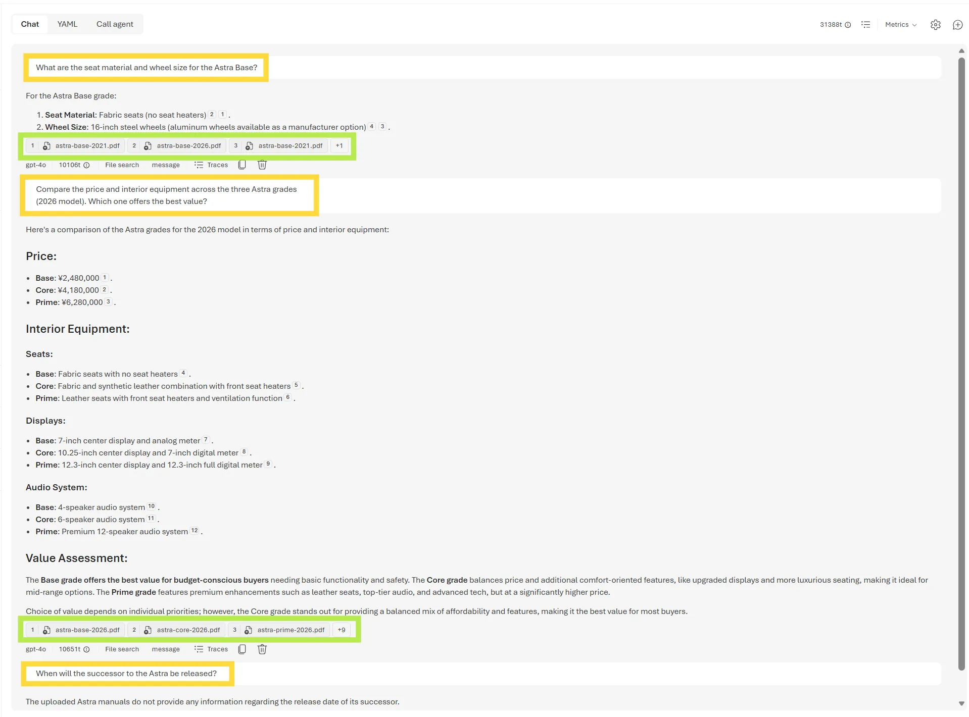Three test results in Playground. The yellow box shows the question asked, and the green box shows the file_citation (source file) attached to the answer. For question 1, the Agent cites astra-base-2021.pdf/astra-base-2026.pdf to answer about seat material and wheel size; for question 2, it cites astra-base-2026.pdf/astra-core-2026.pdf/astra-prime-2026.pdf to compare price and interior features across all three grades with a value assessment; for question 3 (a question not covered in the manuals), it answers without a citation that the manuals don't cover the successor's release date