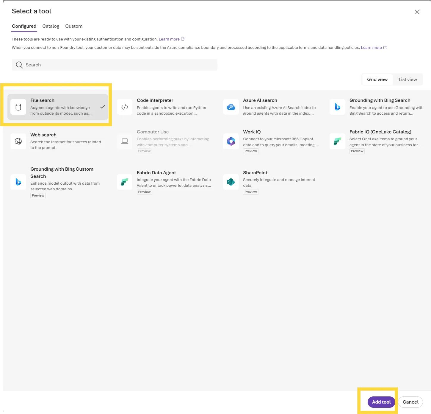 Select a toolダイアログ。File searchが選択済み(チェック付き)で、右下のAdd toolボタンがハイライトされている