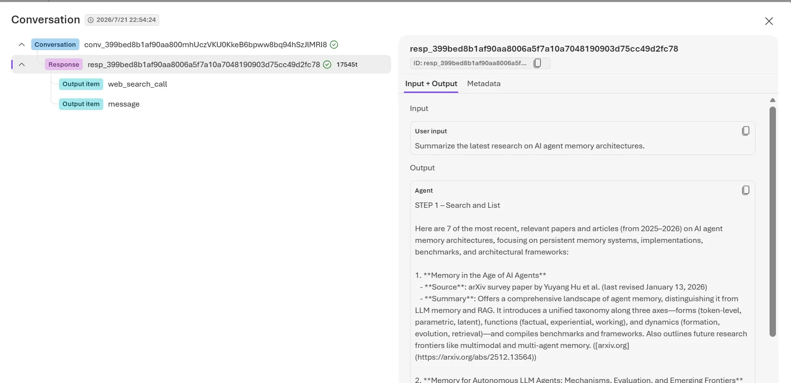 Tree view of the Response detail, split into web_search_call and message Output items
