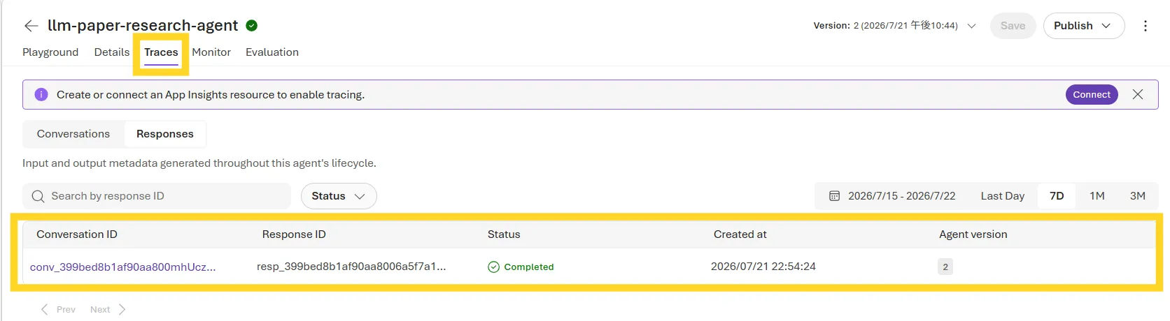 Responses list in the Traces tab, showing the SDK request recorded with a Completed status
