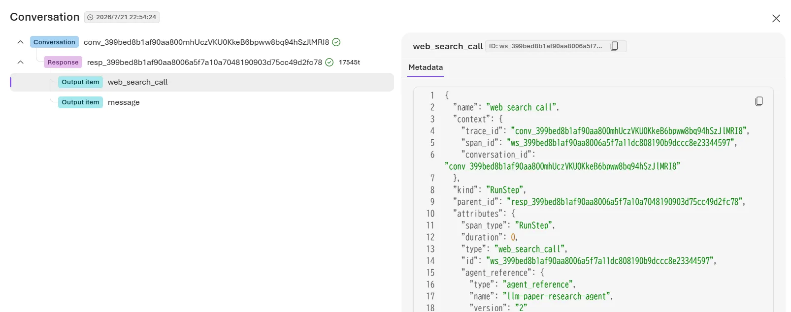 Metadata for web_search_call, showing tool-call details like trace ID, agent reference, and version